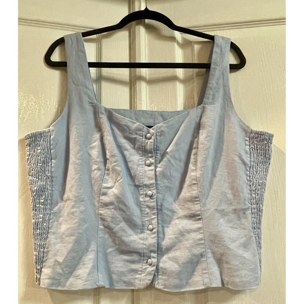 Old Navy Tank Top Womens XL Blue Linen‎ Button Front Smocked Sweetheart Neck